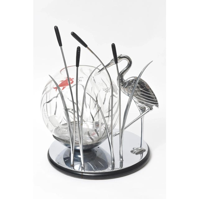 Metal Art Deco Heron Bird and Cattails Chrome Sculpture with Glass Fish Bowl Aquarium For Sale - Image 7 of 10