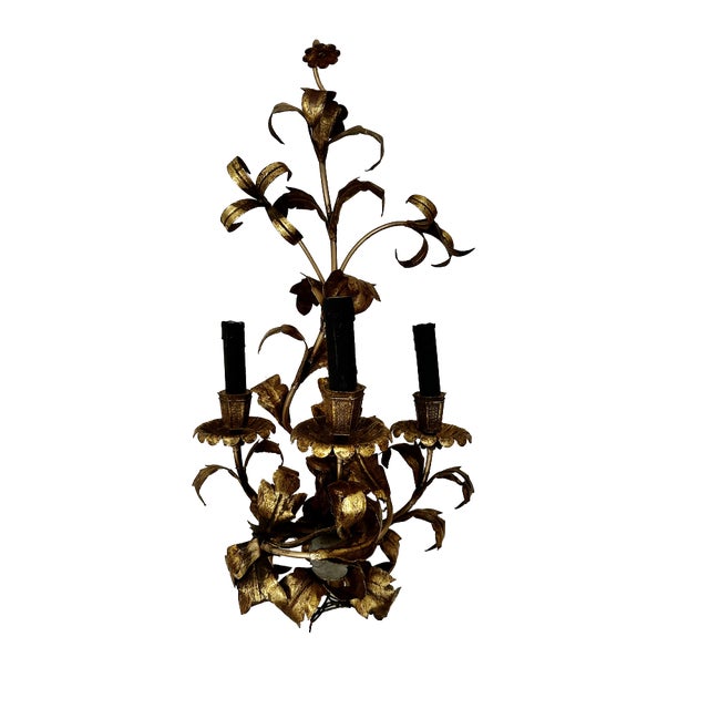 Big Floral Florentine Gilded Wall Lamp, 1890s For Sale