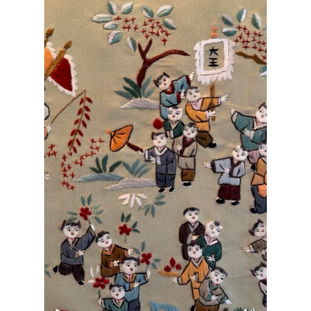 Mid-20th Century Chinese Hand-Embroidered Silk Panel – "Hundred Children" Motif For Sale - Image 4 of 7