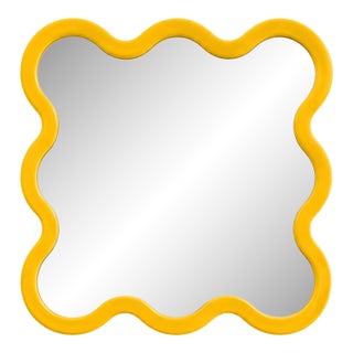 Yellow Modern Square Designer Mirror With Sculptural Wavy Frame – Hvyli 8 For Sale