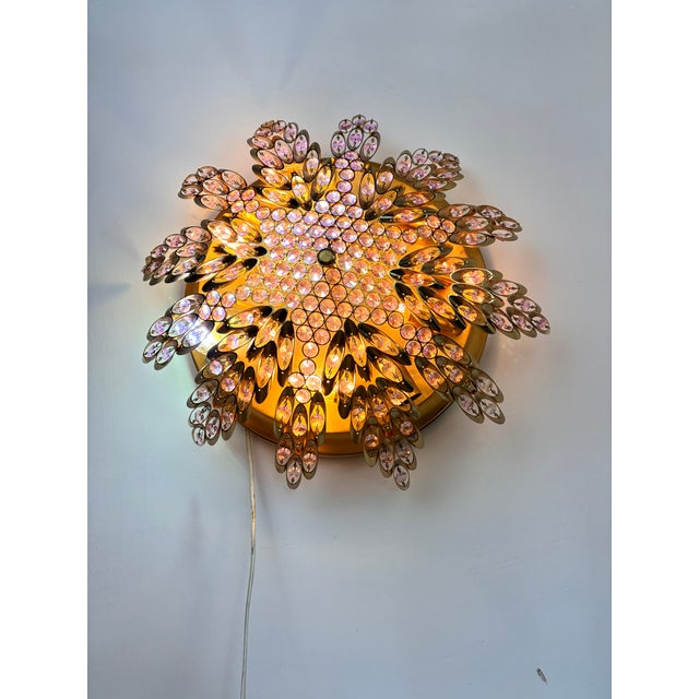 Vintage Brass Sunburst Ceiling Light, Hand-Painted Pink Crystal Beaded Mandala Chandelier, 10-Light Flush Mount For Sale - Image 14 of 18