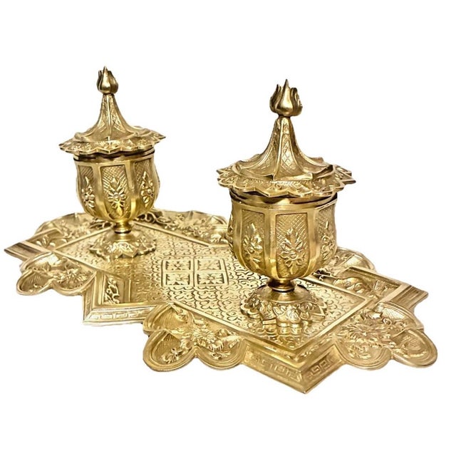 Brass Victorian Era Aesthetic Movement French Solid Brass Antique Double Inkwell With Porcelain Inserts, ca.1880 For Sale - Image 8 of 11