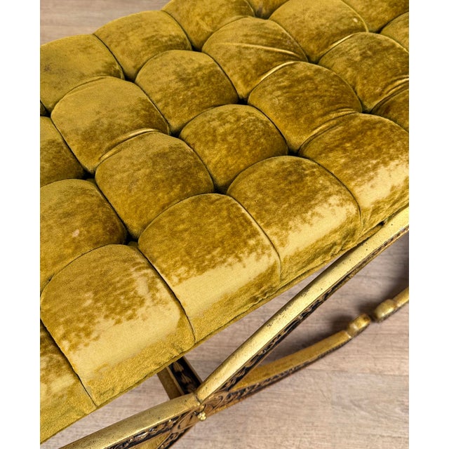 Green Vintage French Regency Double X Gilded Green Velvet Tuft Window Bench For Sale - Image 8 of 15