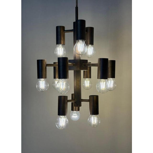 Metal Twelve-Light Brass Chandelier by Gotthold Schönwandt, Germany, 1960s For Sale - Image 7 of 18
