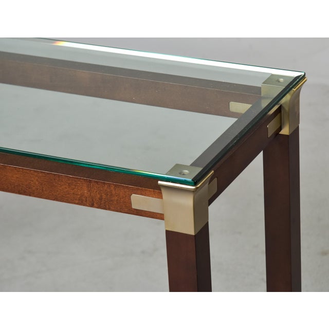 Mid-Century Modern Italian Mid-Century Walnut & Brass Console Table With Glass Top For Sale - Image 3 of 13