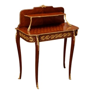 Louis XV Style Writing Table – Double-Tier Design With Marquetry & Gilded Details For Sale