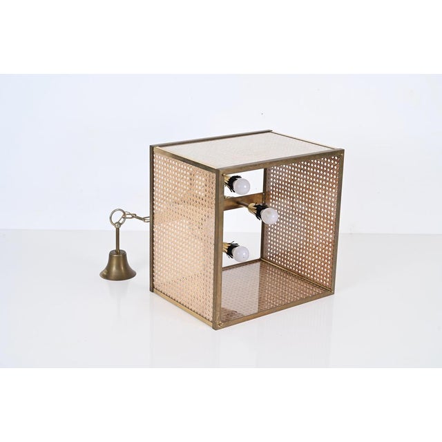 Vienna Straw Wicker, Glass Square & Brass Chandelier Lamp, Italy, 1950s For Sale - Image 16 of 17