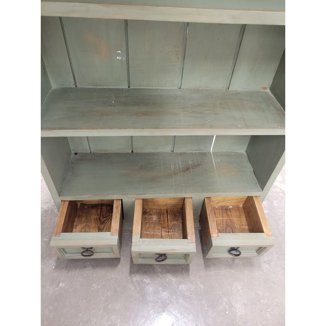 Vintage Rustic French Country Pale Green 3 Drawer Arched Distressed Wall Cabinet Shelving Unit For Sale In West Palm - Image 6 of 13