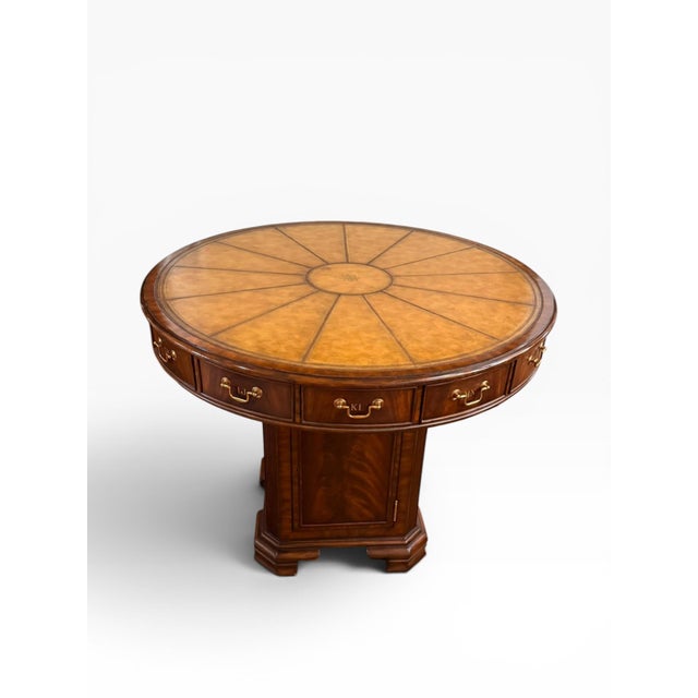 English Vintage Maitland-Smith Rotating Rent Table / Drum Table in Mahogany & Burlwood – Alphabetized Drawers – 42” Round For Sale - Image 3 of 18