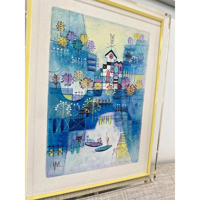 1970s 1970s Signed Heshi Yu “Abstract Village” Modernist Painting in Lucite Frame For Sale - Image 5 of 7
