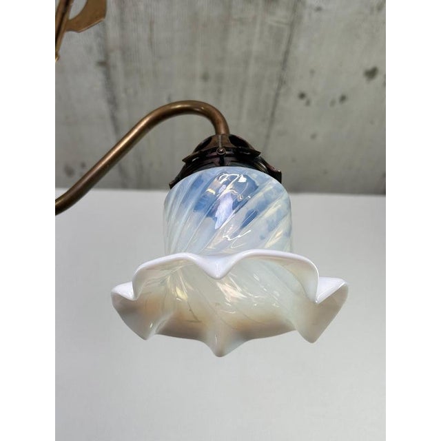 Metal Art Nouveau 3-Arm Chandelier with Opal Iridescent Glass, 1960s For Sale - Image 7 of 15