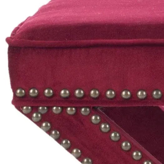 Studded Ottoman in Red Velvet For Sale - Image 4 of 5