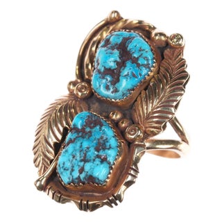 sz 6.5 Anna Begay Navajo 14k gold nugget turquoise feather ring For Sale
