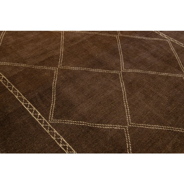 Textile Modern Moroccan Style Brown Handmade Tribal Wool Rug For Sale - Image 7 of 8