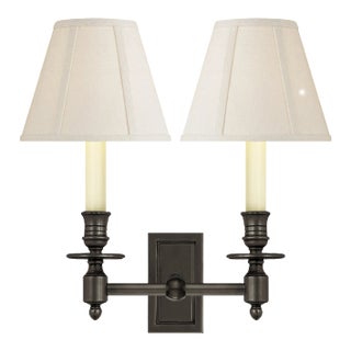 Visual Comfort Signature French Double Library Sconce in Bronze with Linen Shades For Sale