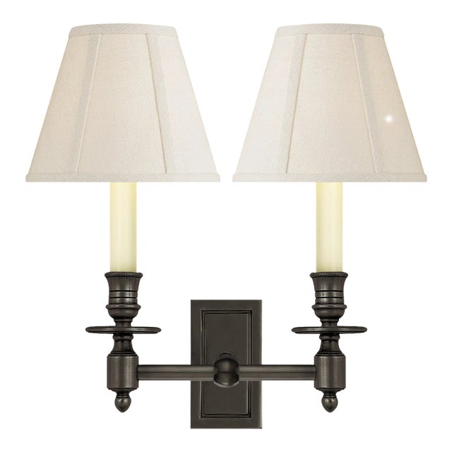 Visual Comfort Signature French Double Library Sconce in Bronze with Linen Shades For Sale