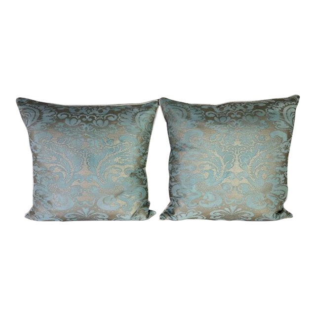 Pair of Aquamarine Fortuny Pillows For Sale