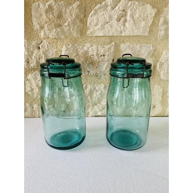 Vintage French Turquoise Glass Jars from Solidex, 1940s, Set of 2 For Sale - Image 3 of 18