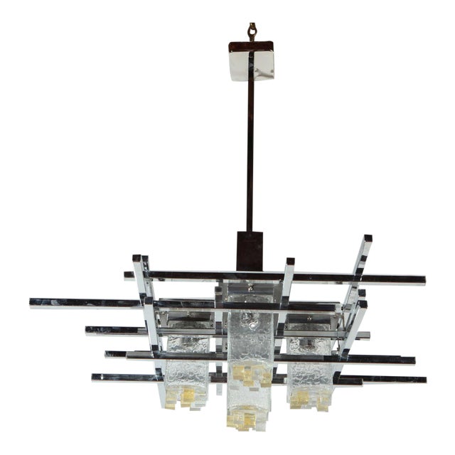 Vintage Abstract Italian Glass & Chrome Chandelier For Sale