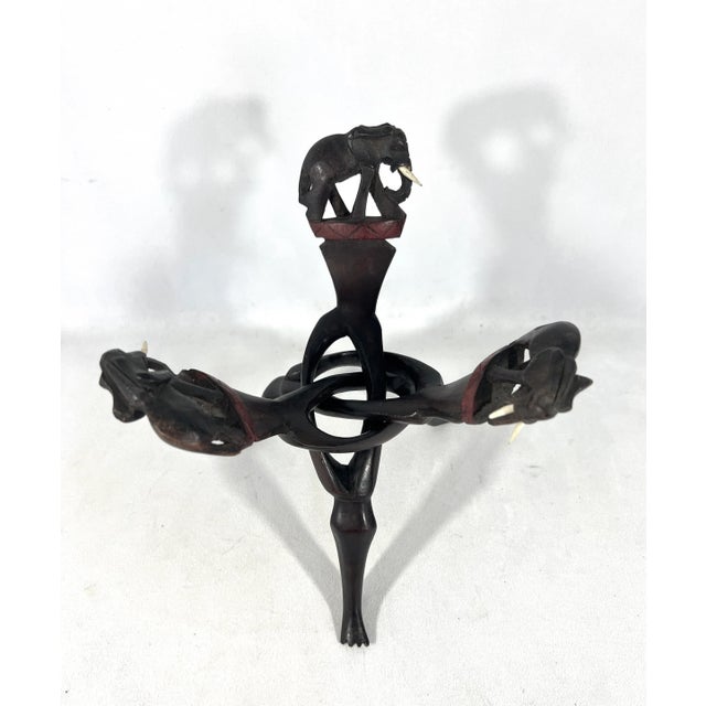 Folding Carved Dark Brown Wood Elephant Bowl Stand, Pedestal, Three Legs For Sale - Image 4 of 8