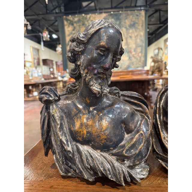 Pair of 18th Century French Carved Polychrome Male & Female Bust Wall Sculptures For Sale - Image 4 of 13