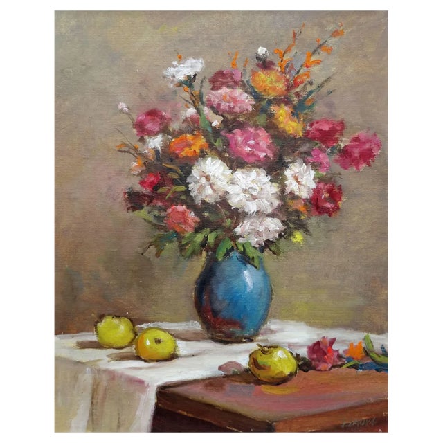 Janis Lauva, Still Life with Flowers and Apples, 1964, Oil on Cardboard For Sale