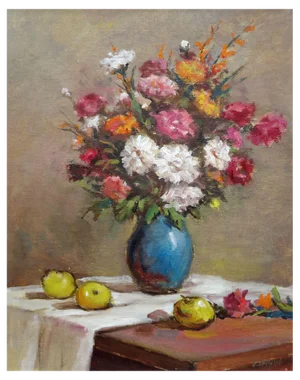 Janis Lauva, Still Life with Flowers and Apples, 1964, Oil on Cardboard