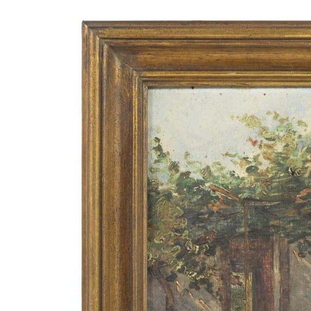 Painting - Portuguese School. "Courtyard with female figure". Oil on canvas mounted on cardboard. Dimensions: 38 cm x 28 cm.
