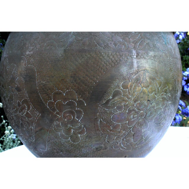 8" Vintage Hand-Chased Brass Cachepot Jardinere – Peony & Chrysanthemum Engravings For Sale - Image 10 of 15