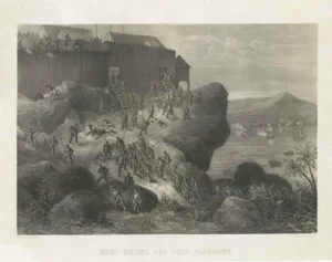 Assault of a Fort in Borneo, Indonesia, 1850, Lithograph
