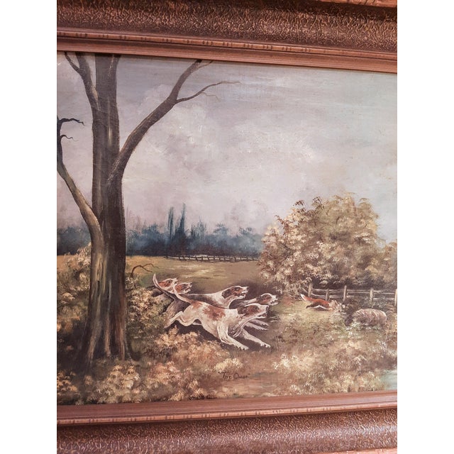 1920s 1920 Oil Painting Dogs and Fox Hunt Scene Signed For Sale - Image 5 of 10