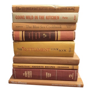 Vintage Cookbook Library Stack Cooking Yellow Red Neutral Rust Book For Sale