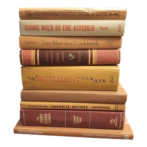 Vintage Cookbook Library Stack Cooking Yellow Red Neutral Rust Book
