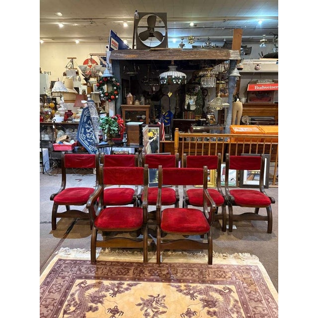 Wood Custom Vintage 1960s Mid Century Modern Marlau of Madrid Glass Top Dining Table With 6 Red Velvet Curule Style Dining Chairs For Sale - Image 7 of 9