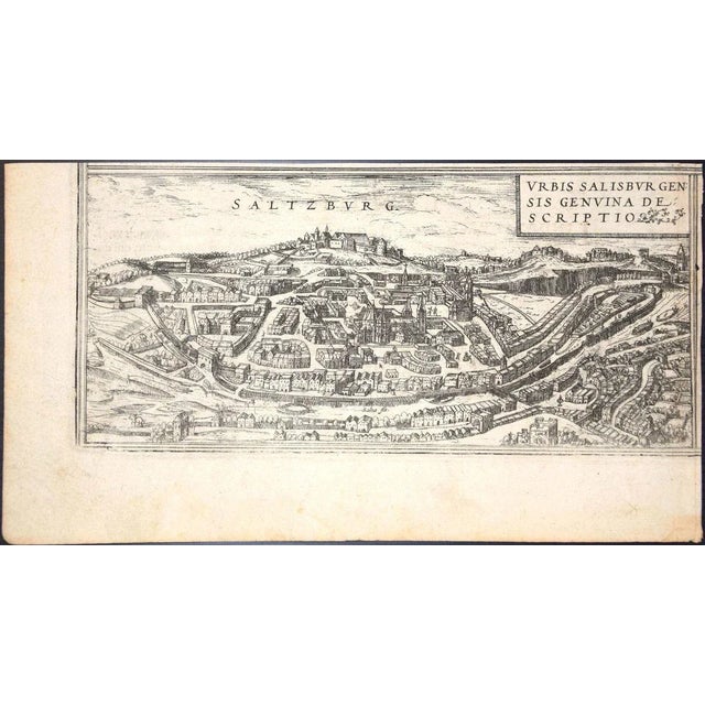 Aquatint black and white showing the antique map of ''Saltzburg'', Salzburg. One of the first views of the famous Austrian...
