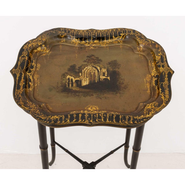Victorian Papier Mache Tray Top Faux Bamboo Table For Sale - Image 4 of 9