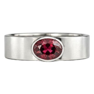 Bezel Set Oval Garnet Wide Matte Band Silver, Gold, Size 10 For Sale