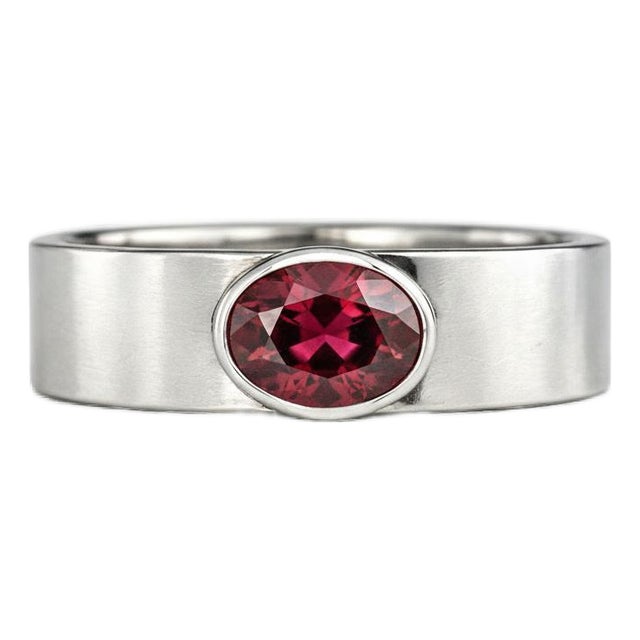 Bezel Set Oval Garnet Wide Matte Band Silver, Gold, Size 10 For Sale