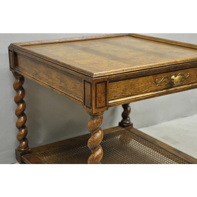 Vintage Baker Barley Twist Oak & Burlwood Parquetry Inlay Square Lamp Side Table For Sale - Image 12 of 14