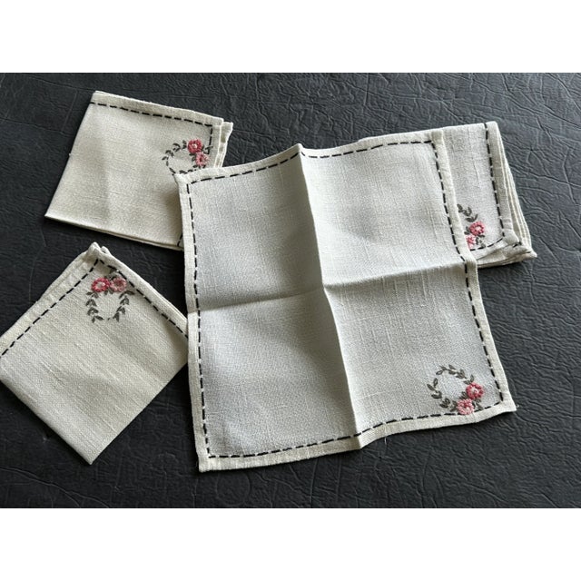 Textile Vintage Handmade Linen Cocktail Napkins With Floral Hand Embroidery Detail Set of 4 For Sale - Image 7 of 12