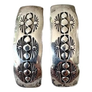 Vintage Sterling Silver Pierced Earrings With Carved Accent, Pair For Sale