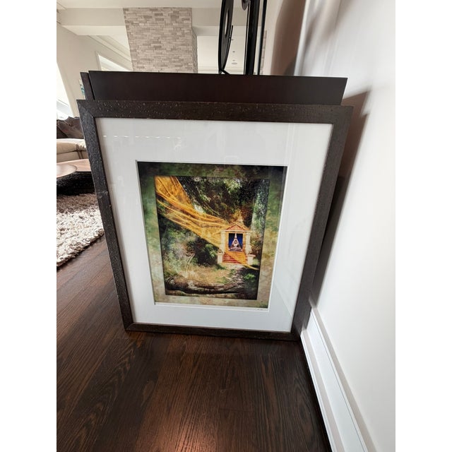 Yellow Ethereal Temple Scene, Lush Greenery, Golden Drapery, Fine Art Photography Framed For Sale - Image 8 of 11