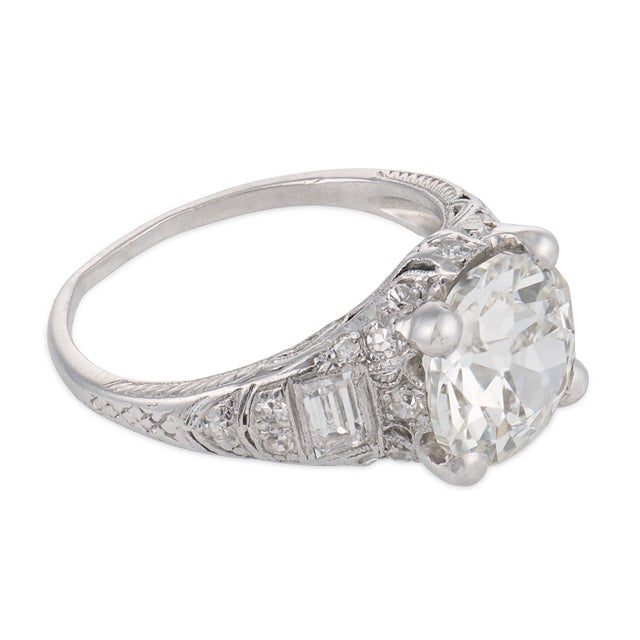 1930s Art Deco Gia 3.11 Carat Old European Cut Diamond Platinum Engagement Ring, Size 6 For Sale - Image 4 of 6