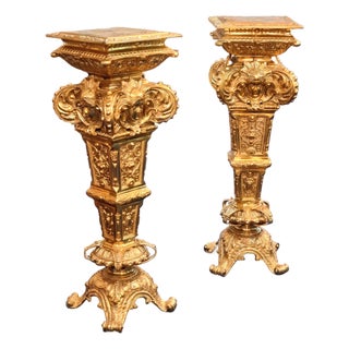 Ornate French-Style Pedestal Stand Set of 2 – Heavy Gold Leaf Finish With Sculpted Decorative Details For Sale