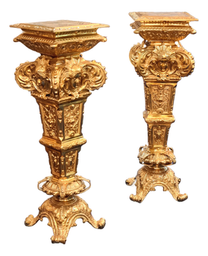 Ornate French-Style Pedestal Stand Set of 2 – Heavy Gold Leaf Finish With Sculpted Decorative Details
