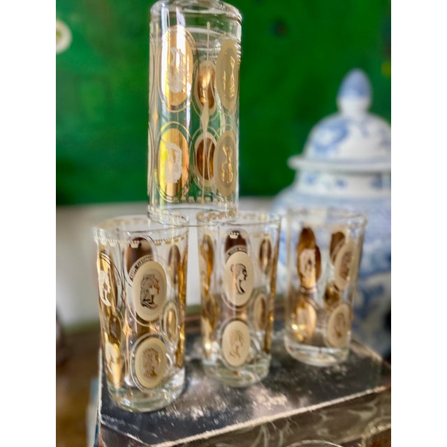 Glass Mid-Century Modern Gold Royal Ladies Portrait Tall Boy or Tumbler Glasses - Set of 7 For Sale - Image 7 of 12