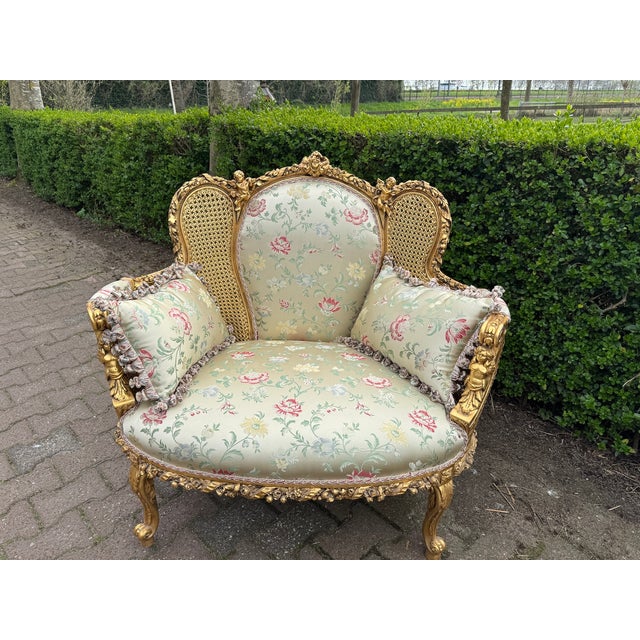 1960 French Louis XVI Gold Beech Damask Settee 1pc For Sale - Image 13 of 13