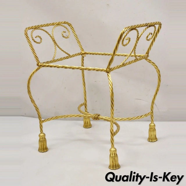 Italian Hollywood Regency Gold Gilt Iron Rope Tassel Form Vanity Bench Chair For Sale - Image 12 of 12