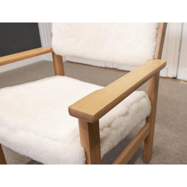 Oak Armchair with White Sheep Fur Upholstery by Hans J. Wegner, 1980s For Sale - Image 3 of 12