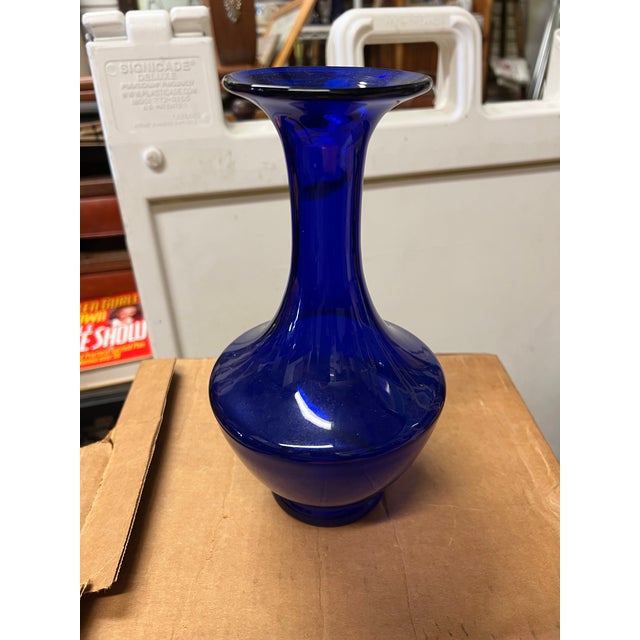 Mid-Century Modern Vintage Blue Glass Vase Marked For Sale - Image 3 of 5